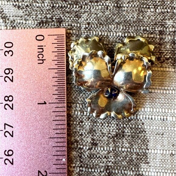 Vintage Sterling Silver Pansy Flower Brooch With Blue Rhinestone Center 1940's - Picture 4 of 9